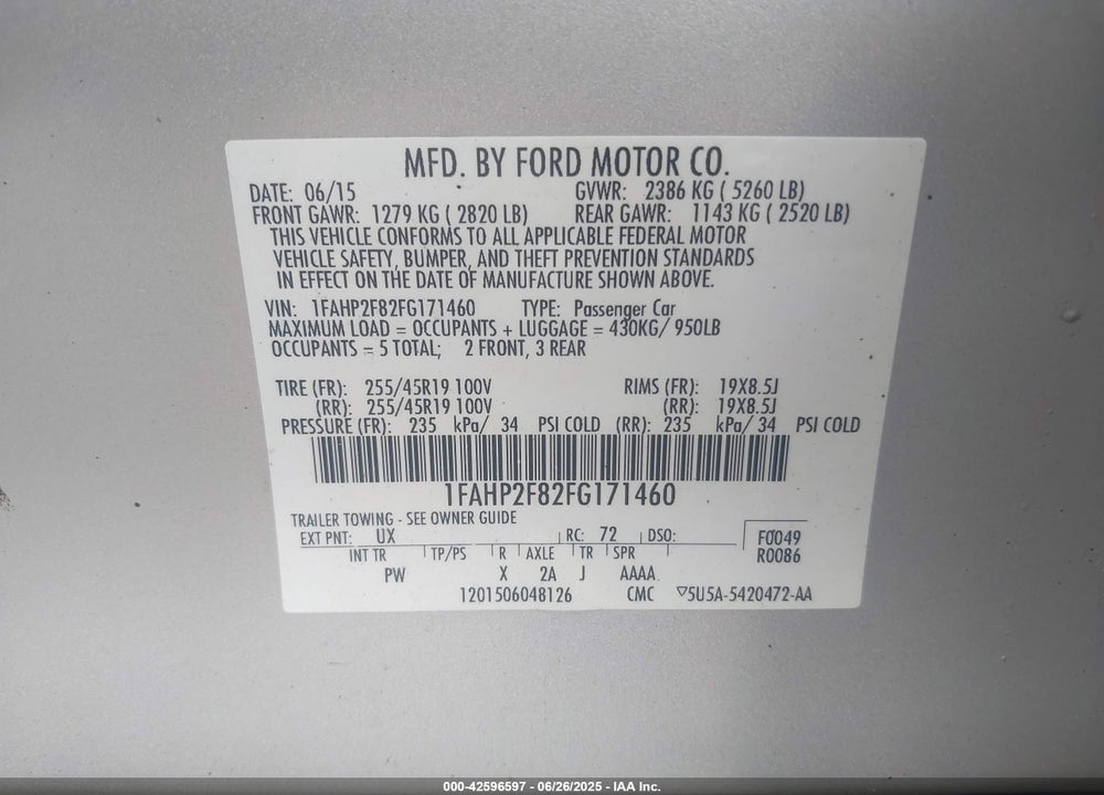 2015 FORD TAURUS VIN: 1FAHP2F82FG171460