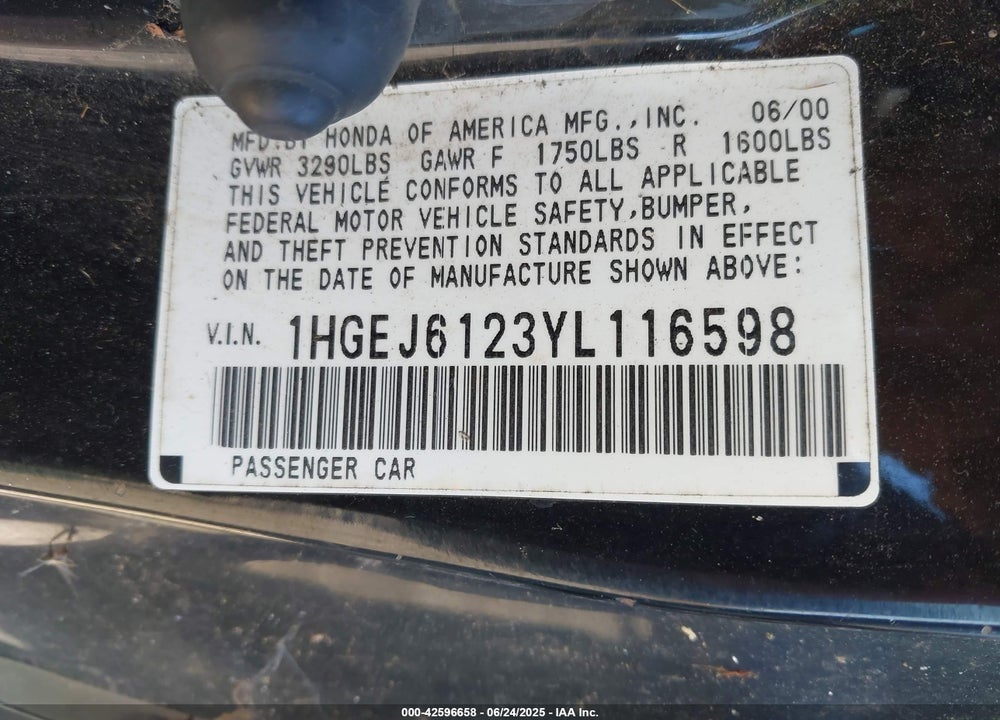 2000 HONDA CIVIC DX VIN: 1HGEJ6123YL116598