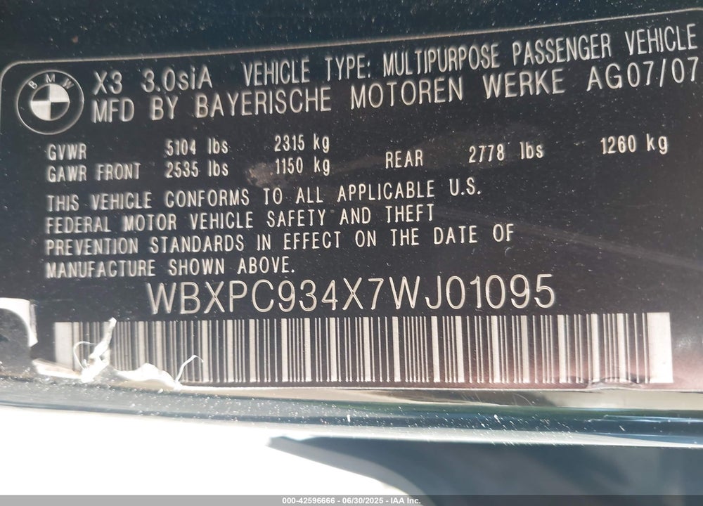 2007 BMW X3 VIN: WBXPC934X7WJ01095
