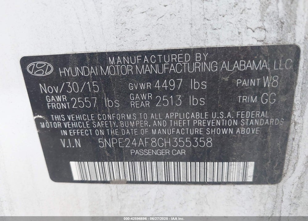 2016 HYUNDAI SONATA VIN: 5NPE24AF8GH355358