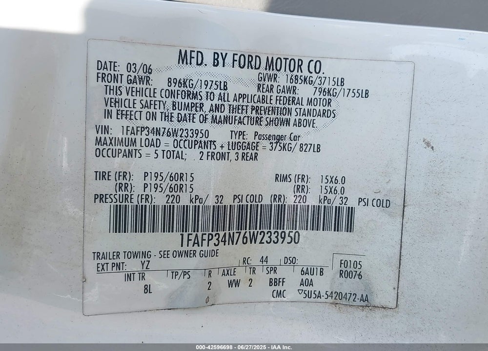 2006 FORD FOCUS VIN: 1FAFP34N76W233950