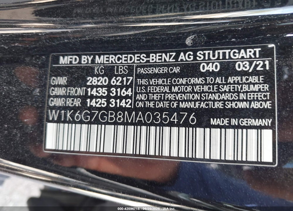 2021 MERCEDES-BENZ S CLASS VIN: W1K6G7GB8MA035476
