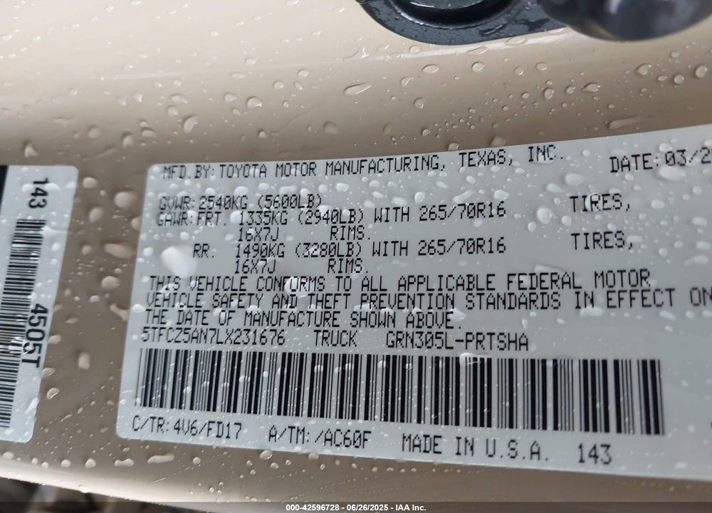 2020 TOYOTA TACOMA TRD OFF ROAD VIN: 5TFCZ5AN7LX231676