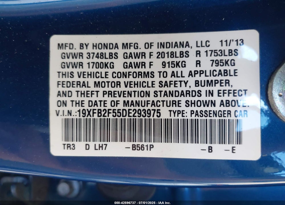 2013 HONDA CIVIC VIN: 19XFB2F55DE293975