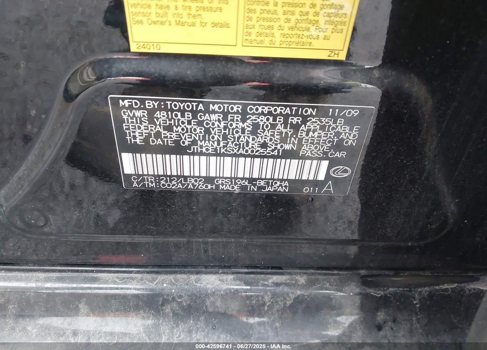 2010 LEXUS GS VIN: JTHCE1KSXA0025541