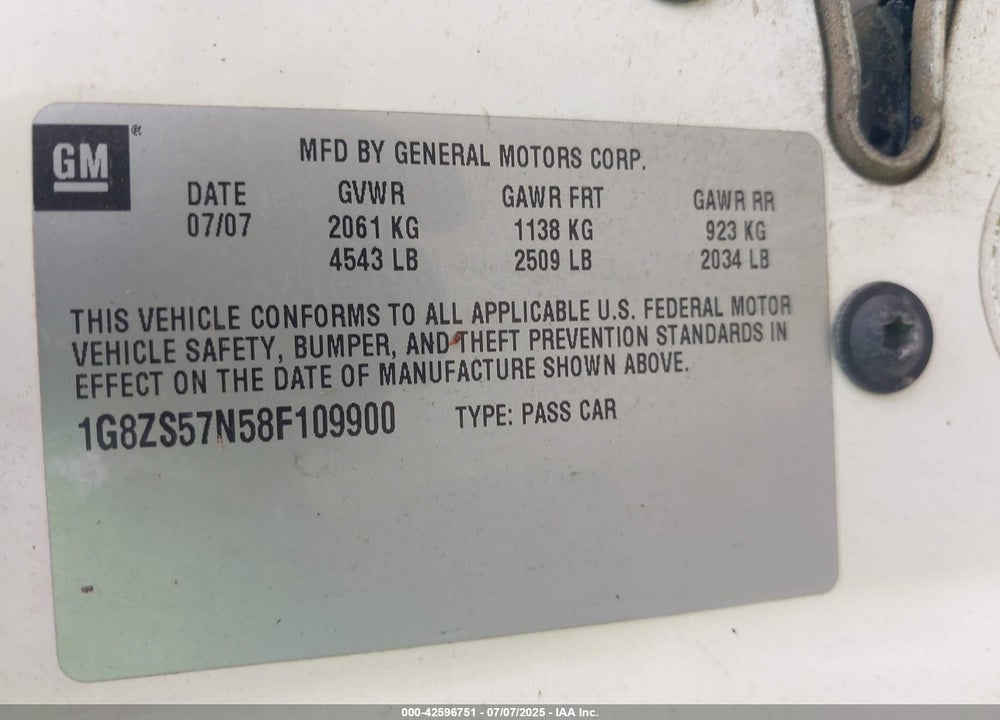 2008 SATURN AURA XE VIN: 1G8ZS57N58F109900