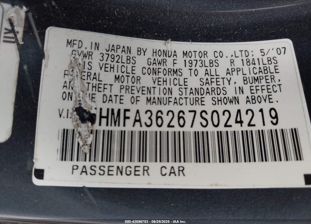 2007 HONDA CIVIC HYBRID VIN: JHMFA36267S024219