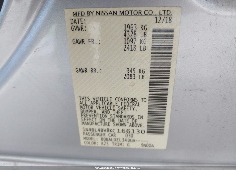 2019 NISSAN ALTIMA VIN: 1N4BL4BV8KC166130