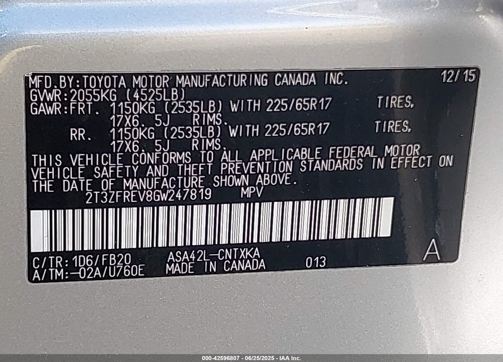 2016 TOYOTA RAV4 VIN: 2T3ZFREV8GW247819