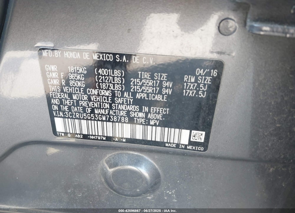 2016 HONDA HR-V VIN: 3CZRU5G53GM738788