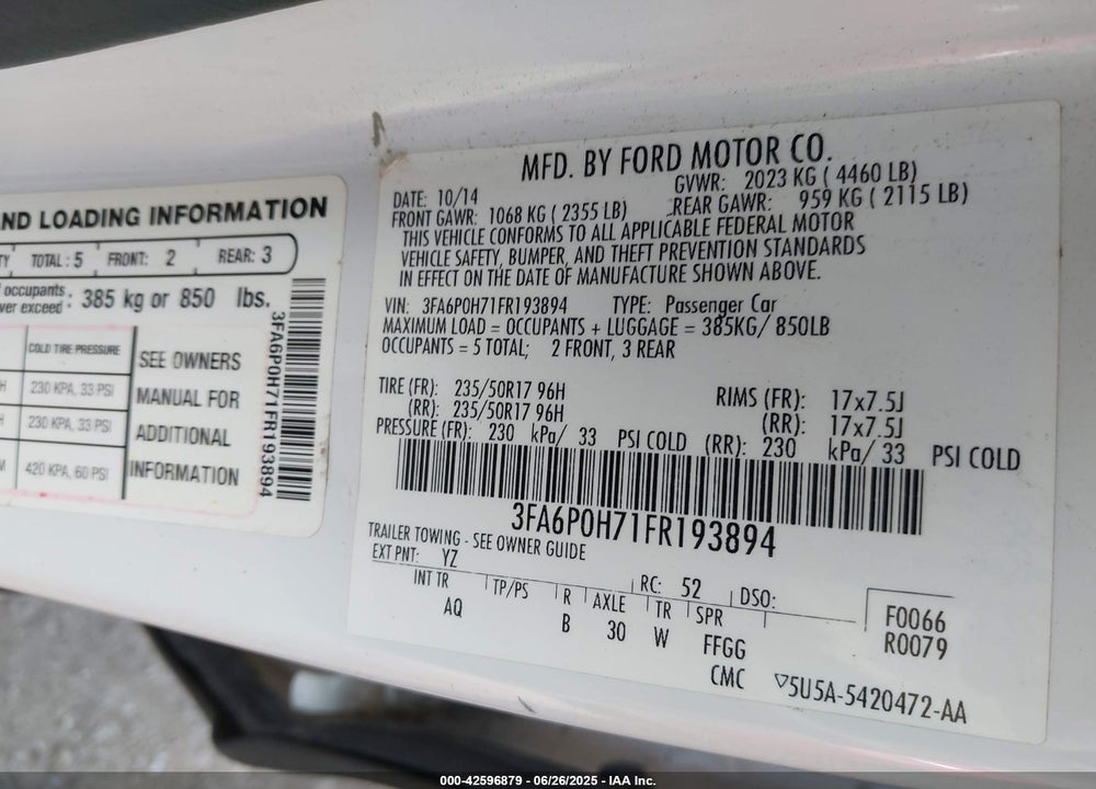 2015 FORD FUSION VIN: 3FA6P0H71FR193894