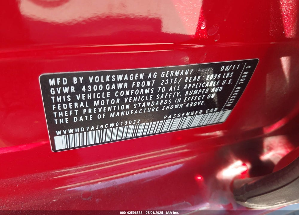 2012 VOLKSWAGEN GTI VIN: WVWHD7AJ6CW013022