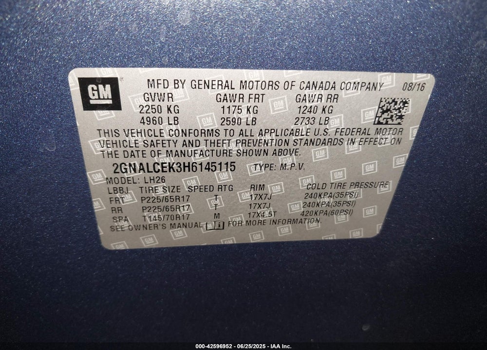 2017 CHEVROLET EQUINOX VIN: 2GNALCEK3H6145115