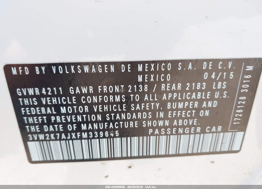 2015 VOLKSWAGEN JETTA VIN: 3VW2K7AJXFM339645