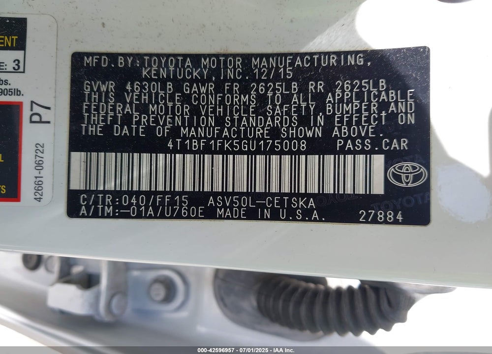 2016 TOYOTA CAMRY VIN: 4T1BF1FK5GU175008