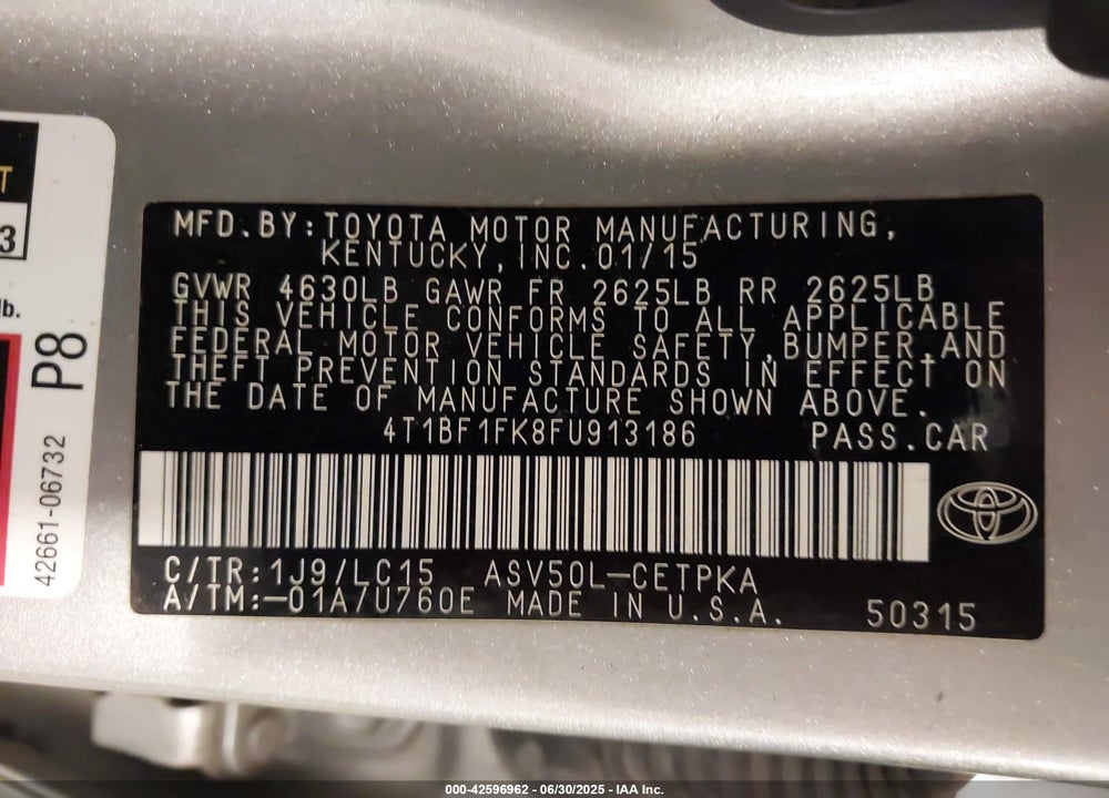 2015 TOYOTA CAMRY VIN: 4T1BF1FK8FU913186
