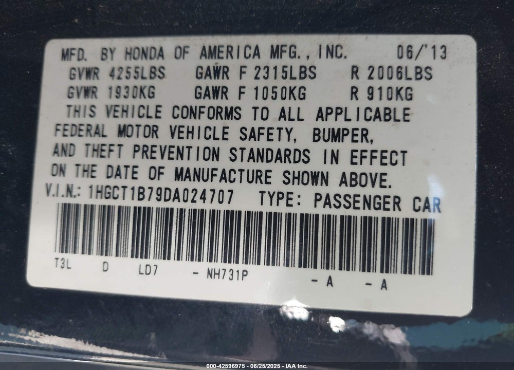 2013 HONDA ACCORD EX VIN: 1HGCT1B79DA024707