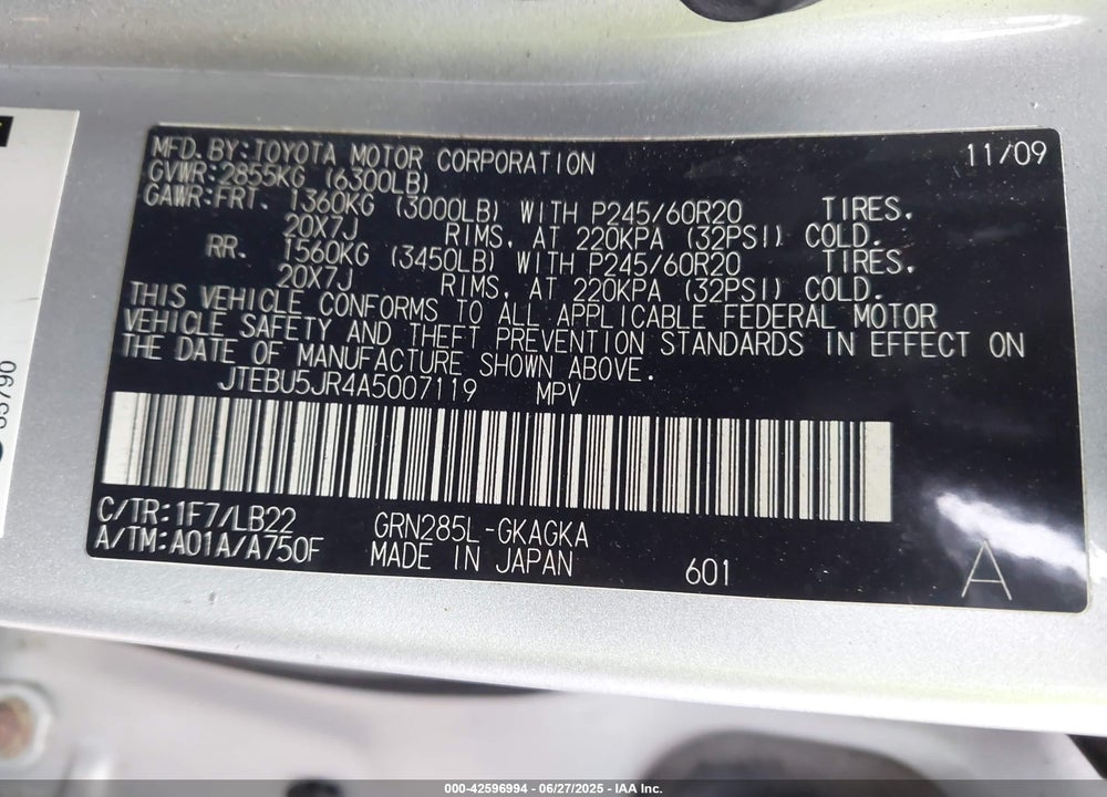 2010 TOYOTA 4RUNNER VIN: JTEBU5JR4A5007119