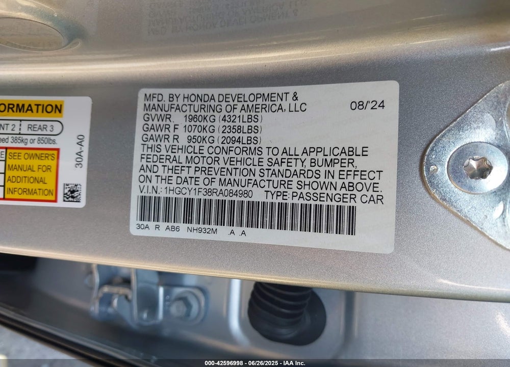 2024 HONDA ACCORD VIN: 1HGCY1F38RA084980