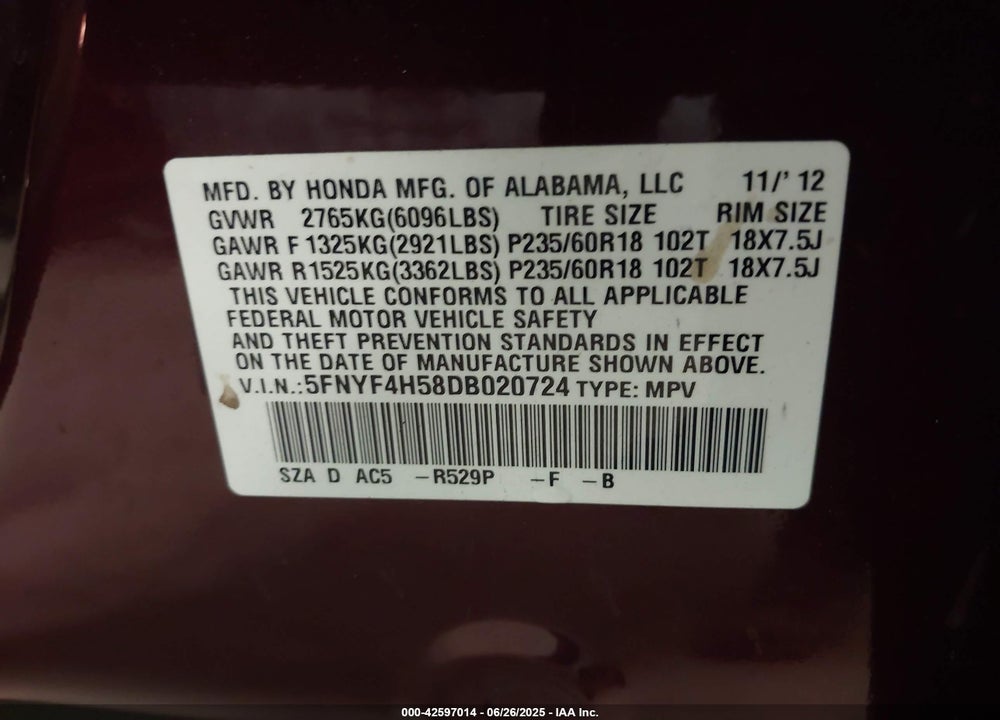2013 HONDA PILOT VIN: 5FNYF4H58DB020724