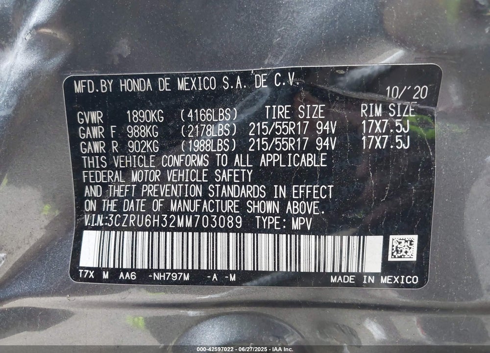 2021 HONDA HR-V VIN: 3CZRU6H32MM703089