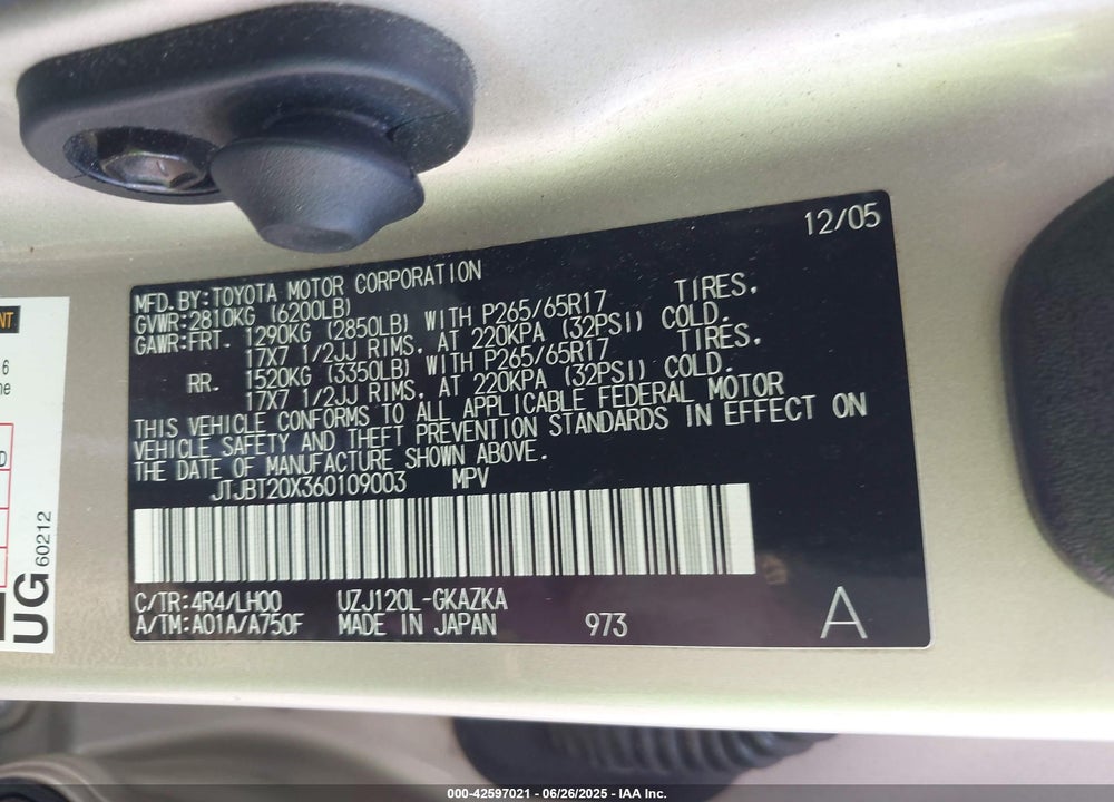 2006 LEXUS GX 470 VIN: JTJBT20X360109003