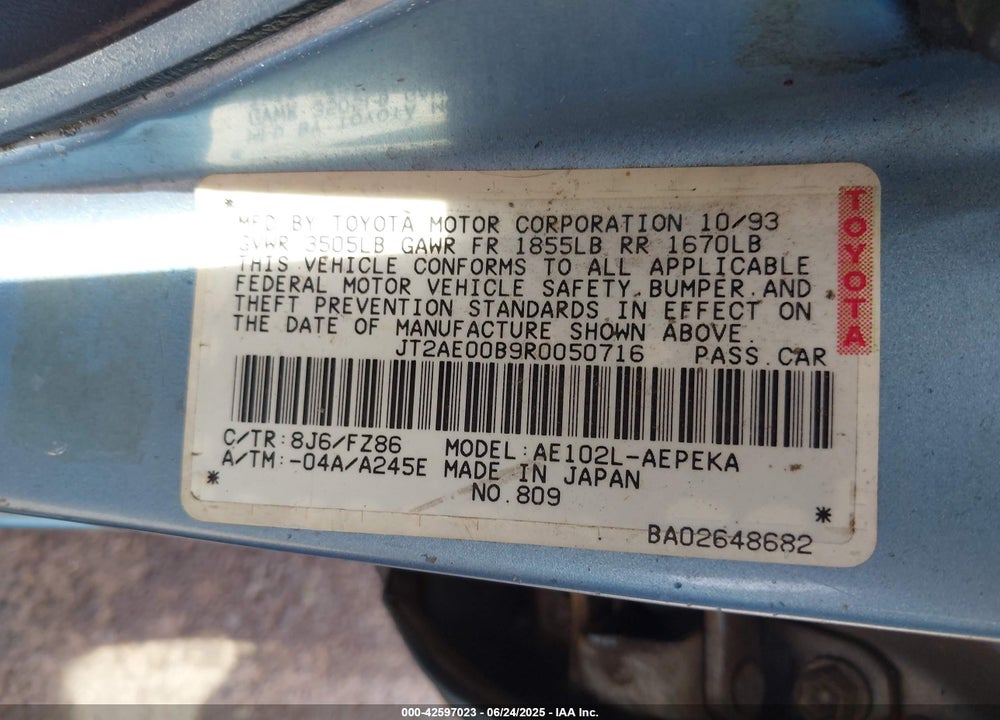 1994 TOYOTA COROLLA LE VIN: JT2AE00B9R0050716