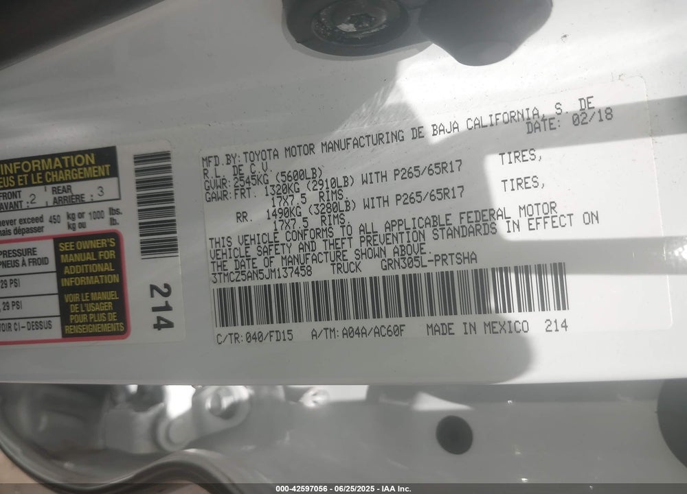 2018 TOYOTA TACOMA TRD SPORT VIN: 3TMCZ5AN5JM137458