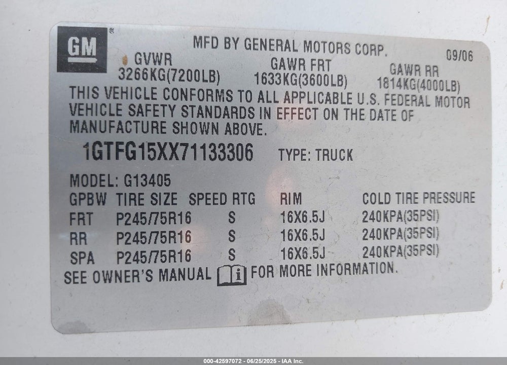 2007 GMC SAVANA WORK VAN VIN: 1GTFG15XX71133306