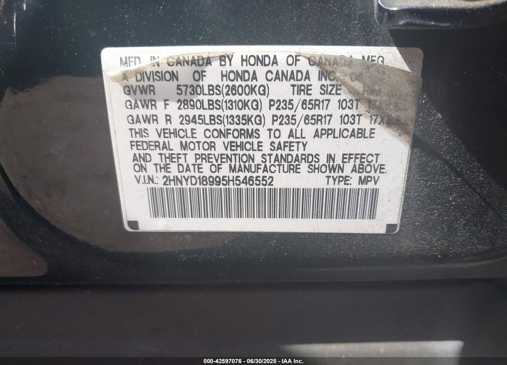 2005 ACURA MDX VIN: 2HNYD18995H546552