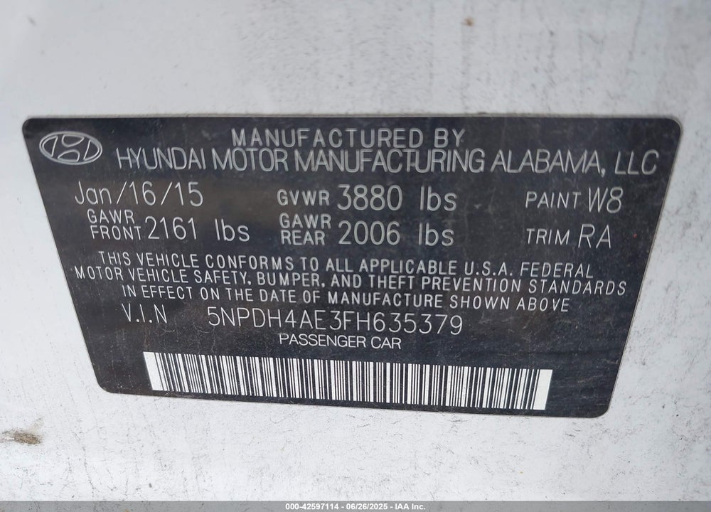 2015 HYUNDAI ELANTRA VIN: 5NPDH4AE3FH635379