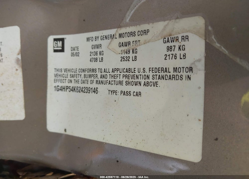 2002 BUICK LESABRE CUSTOM VIN: 1G4HP54K624239146