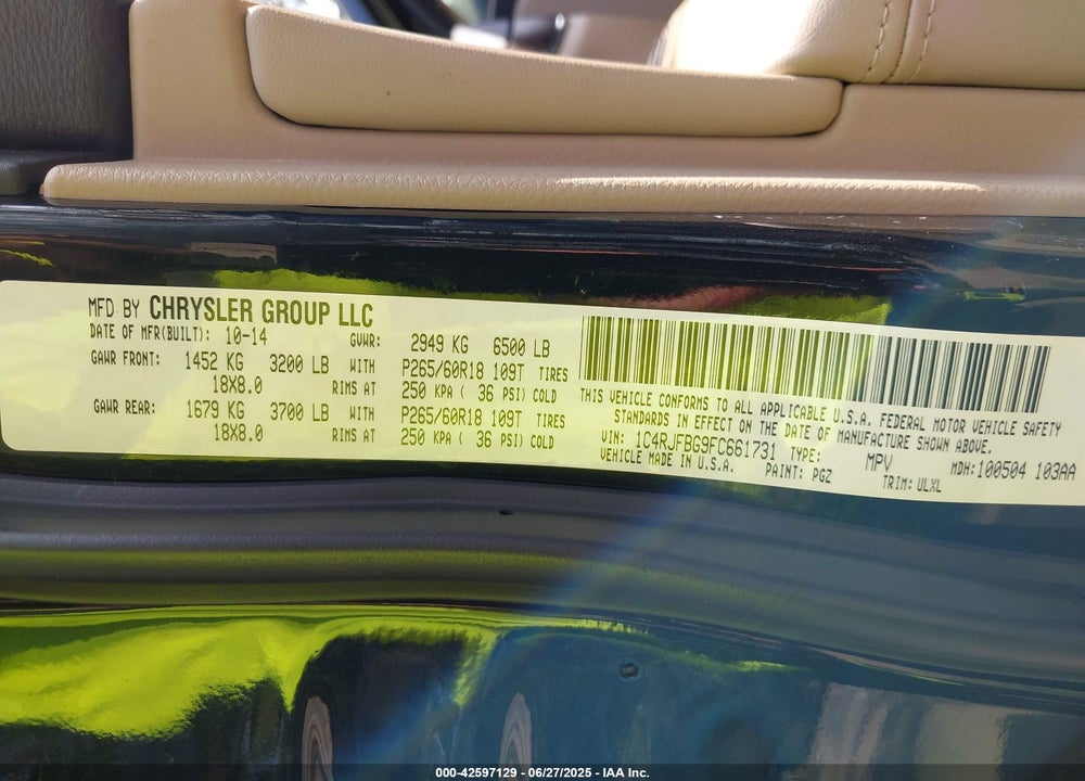 2015 JEEP GRAND CHEROKEE VIN: 1C4RJFBG9FC661731