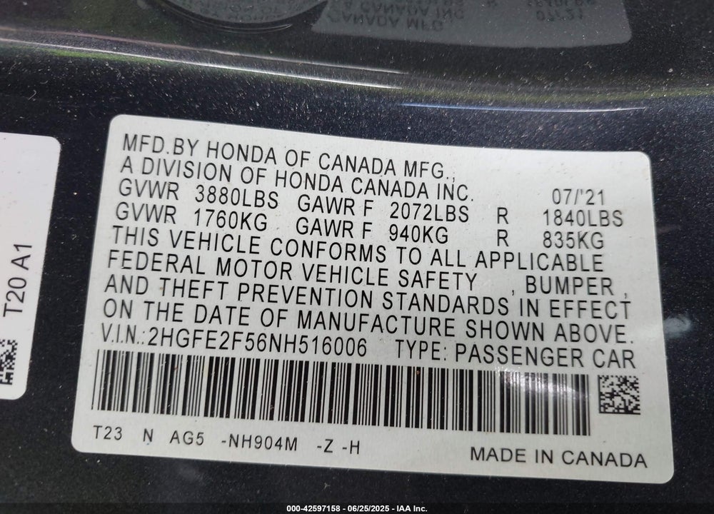 2022 HONDA CIVIC VIN: 2HGFE2F56NH516006