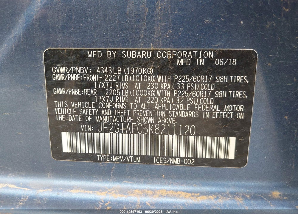 2019 SUBARU CROSSTREK VIN: JF2GTAEC5K8211120