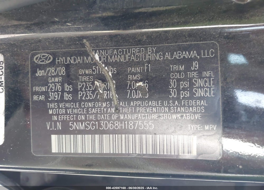 2008 HYUNDAI SANTA FE VIN: 5NMSG13D68H187555