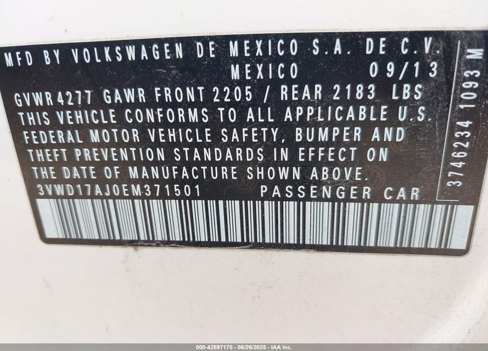 2014 VOLKSWAGEN JETTA VIN: 3VWD17AJ0EM371501