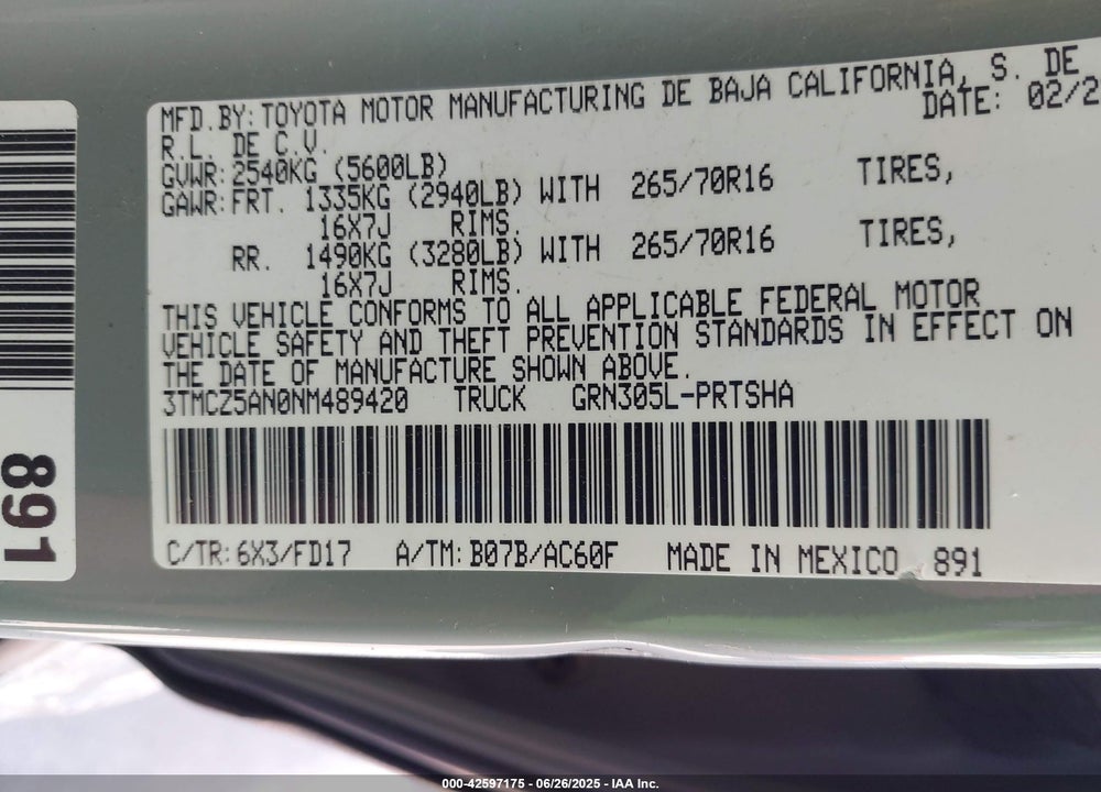 2022 TOYOTA TACOMA VIN: 3TMCZ5AN0NM489420
