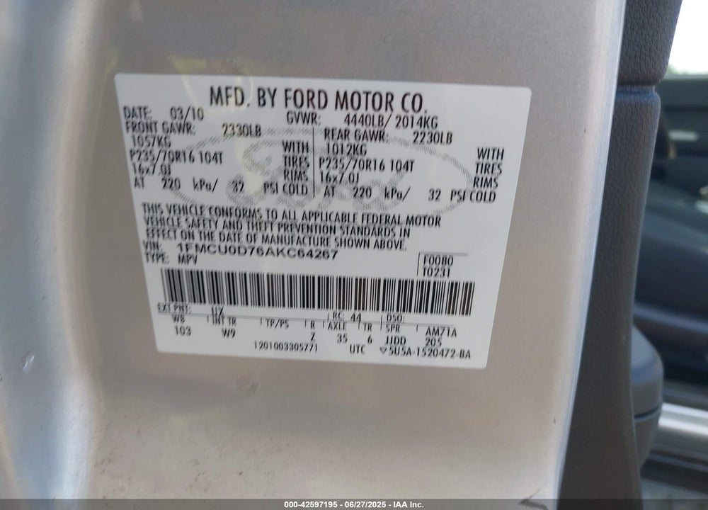2010 FORD ESCAPE VIN: 1FMCU0D76AKC64267