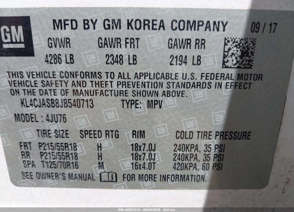 2018 BUICK ENCORE VIN: KL4CJASB8JB540713