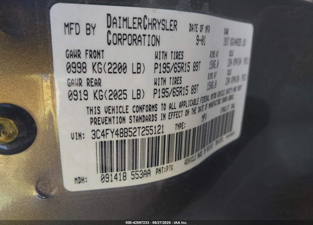 2002 CHRYSLER PT CRUISER VIN: 3C4FY48B52T255121