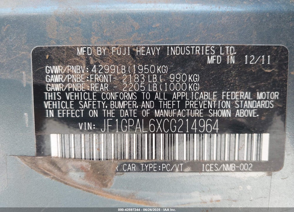 2012 SUBARU IMPREZA VIN: JF1GPAL6XCG214964