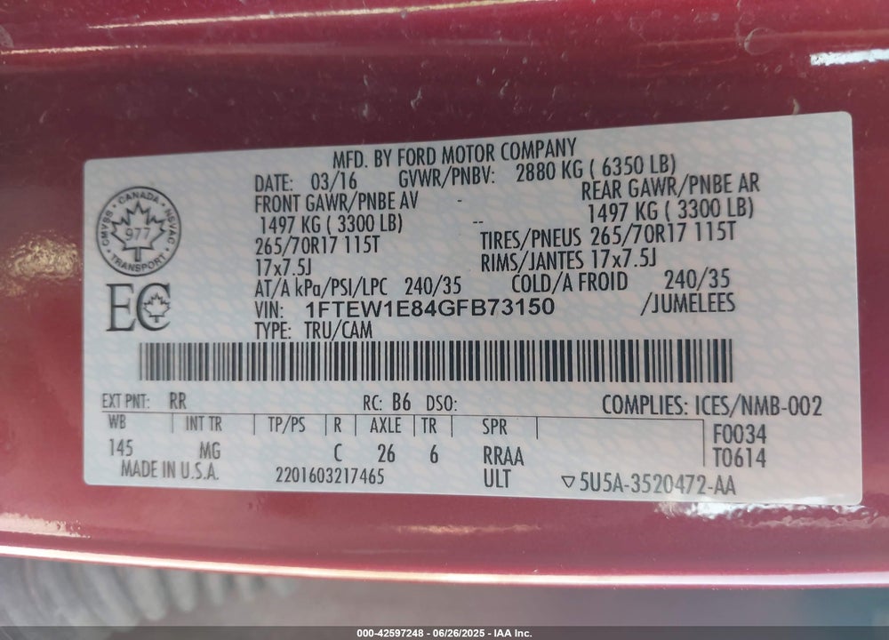 2016 FORD F-150 VIN: 1FTEW1E84GFB73150