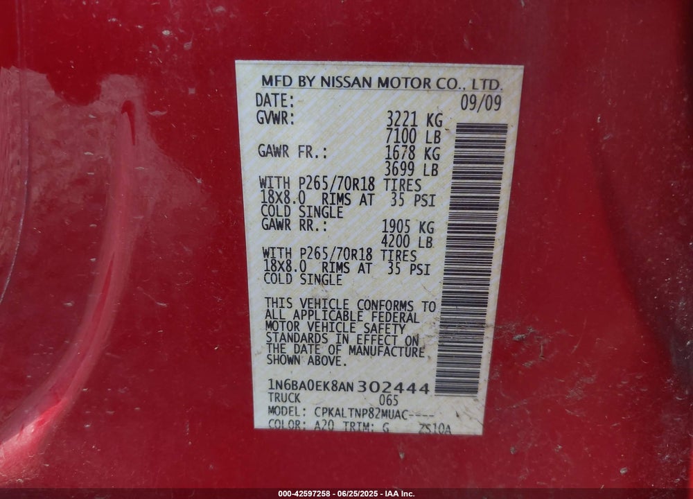 2010 NISSAN TITAN SE VIN: 1N6BA0EK8AN302444