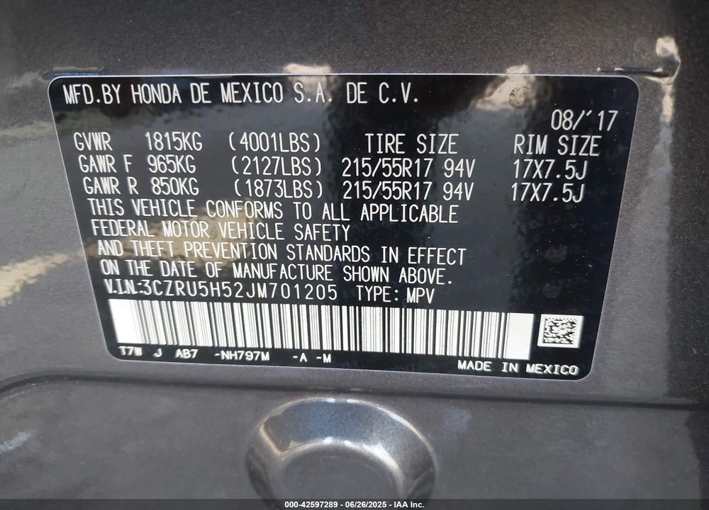 2018 HONDA HR-V VIN: 3CZRU5H52JM701205