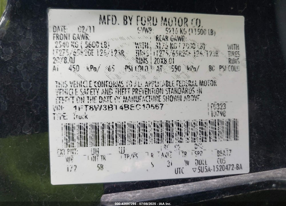 2011 FORD F-350 LARIAT VIN: 1FT8W3BT4BEC10567