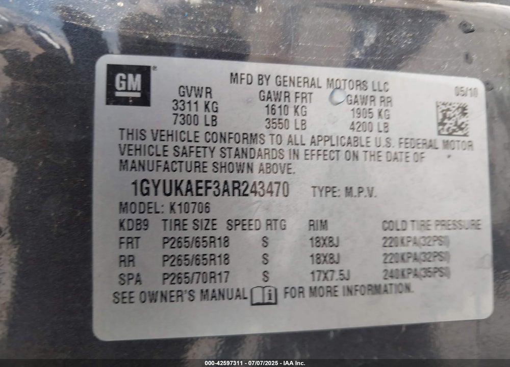2010 CADILLAC ESCALADE VIN: 1GYUKAEF3AR243470
