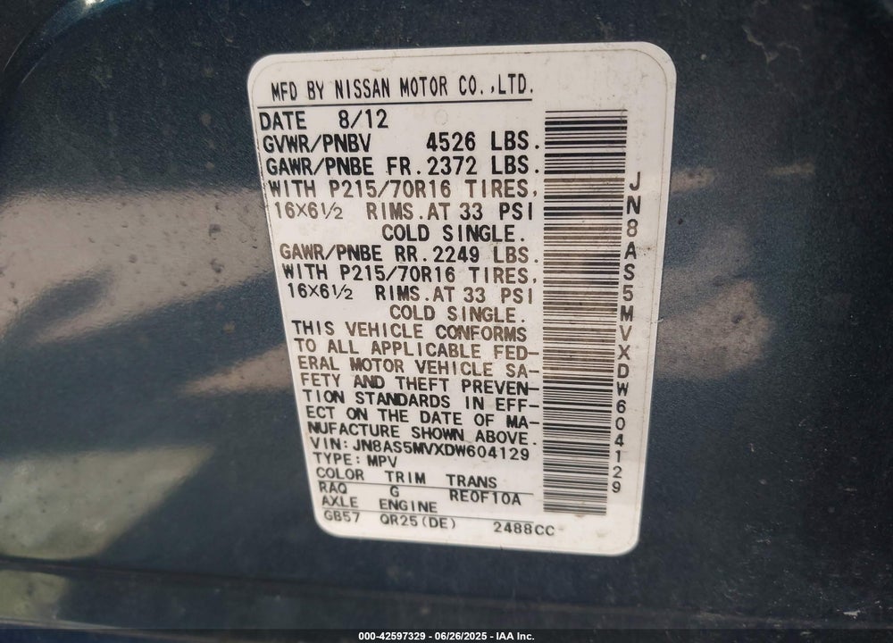 2013 NISSAN ROGUE VIN: JN8AS5MVXDW604129