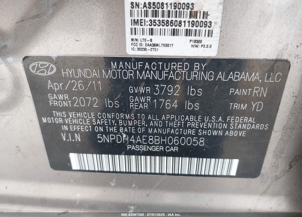 2011 HYUNDAI ELANTRA VIN: 5NPDH4AE8BH060058