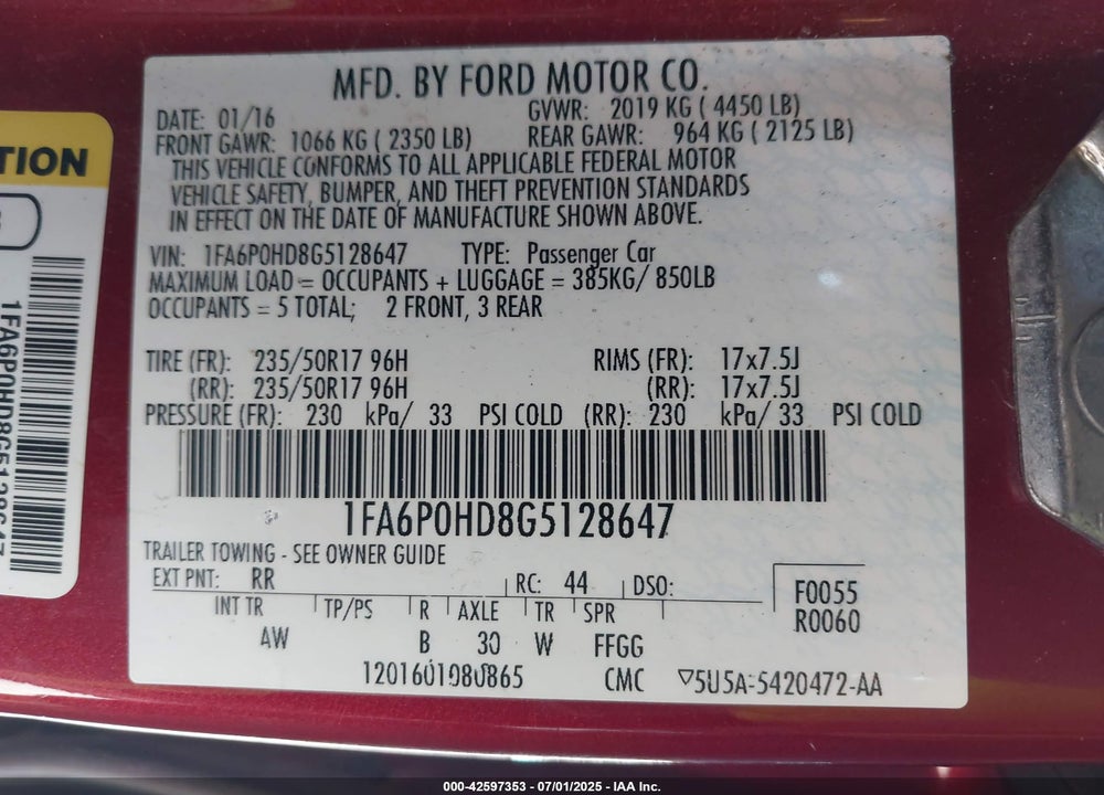 2016 FORD FUSION VIN: 1FA6P0HD8G5128647